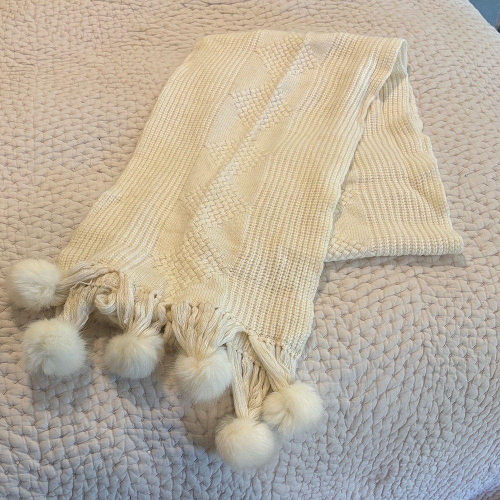Cream Knit Scarf with Pom Poms